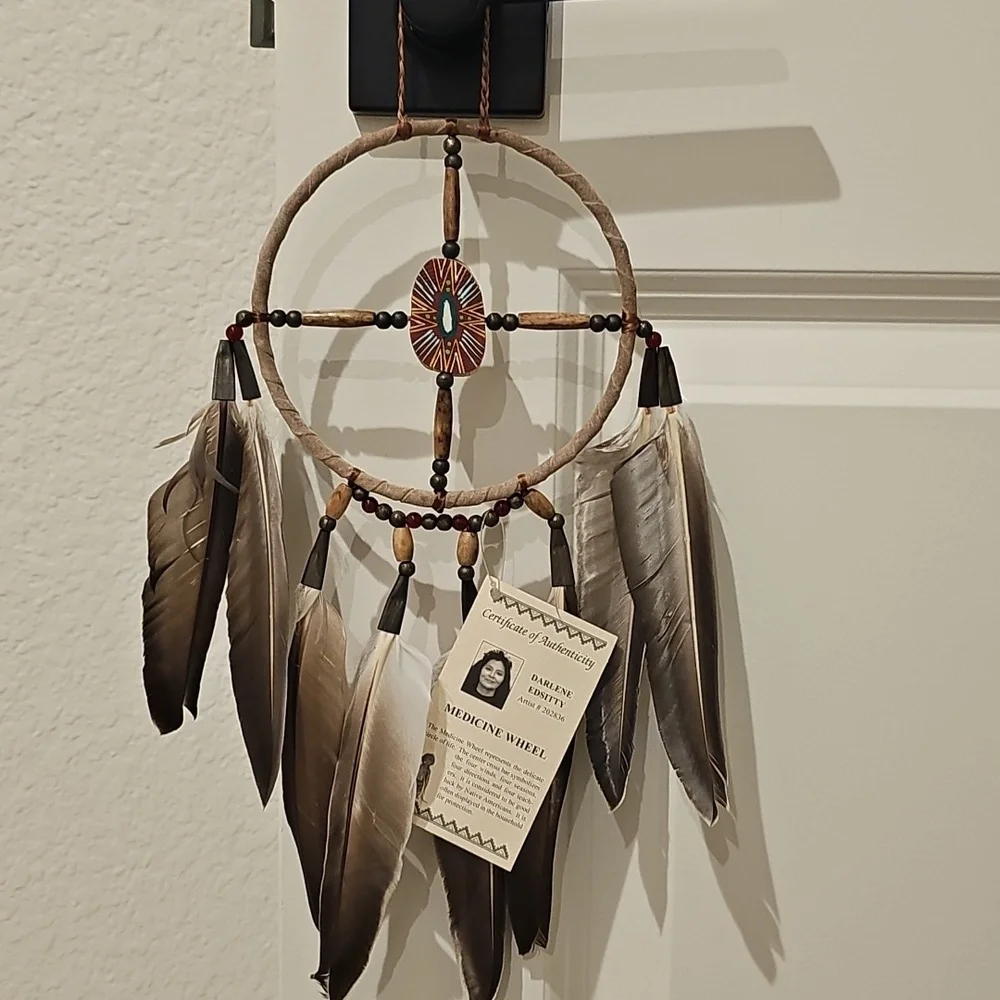 Handcrafted Native American Medicine Wheel Wall Hanging Feathers Beads COA NWT